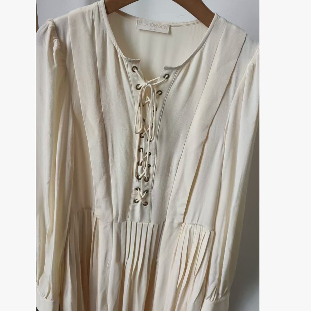 BEST Ulla Johnson Veria Lace Front Midi Dress - Cowrie Cream Silk Lace Up - Picture 7 of 8